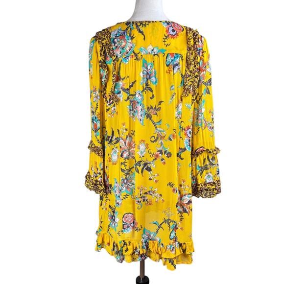 Anthropologie Marigold Yellow Bright Floral Ruffle V-neck Sheer Tunic Blouse - Picture 5 of 15